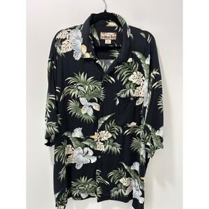 Caribbean Blues Mens 3X Black Tropical Hibiscus Palm Print Camp Shirt SS